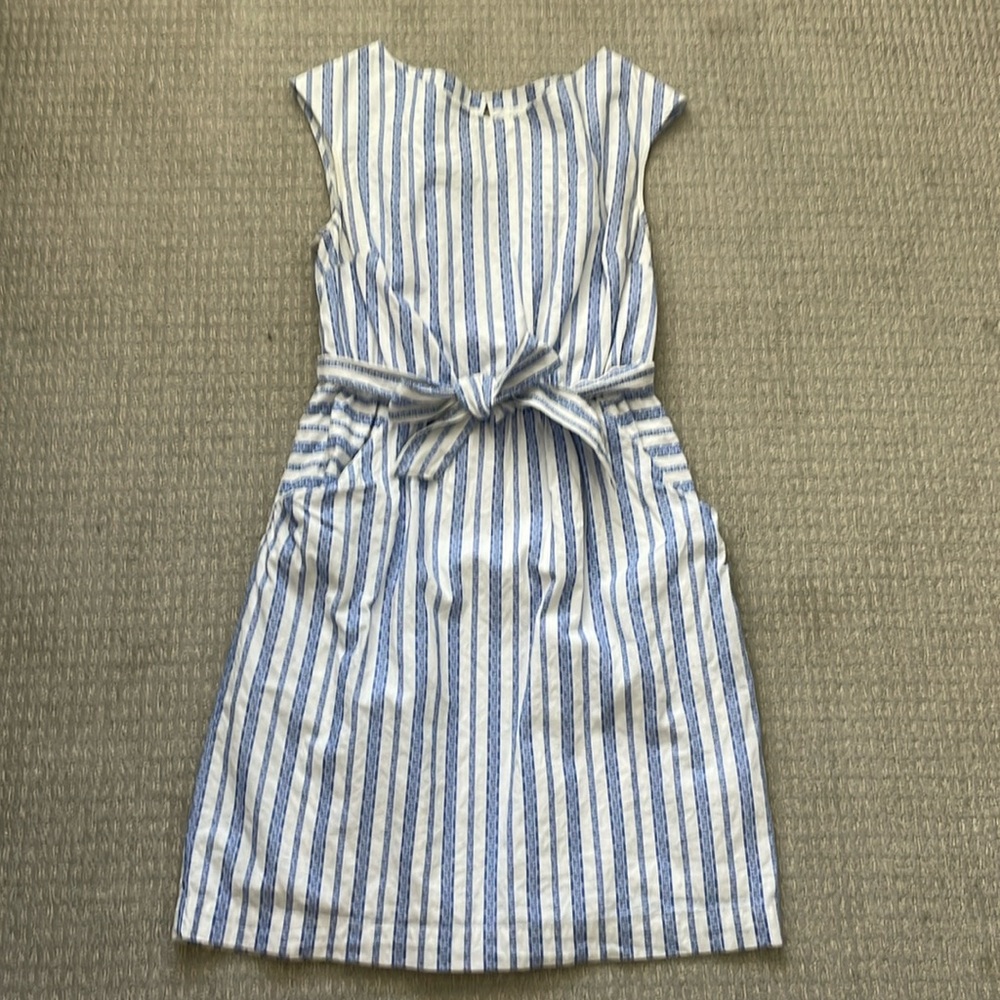 Blue & white striped dress with pockets and a bow